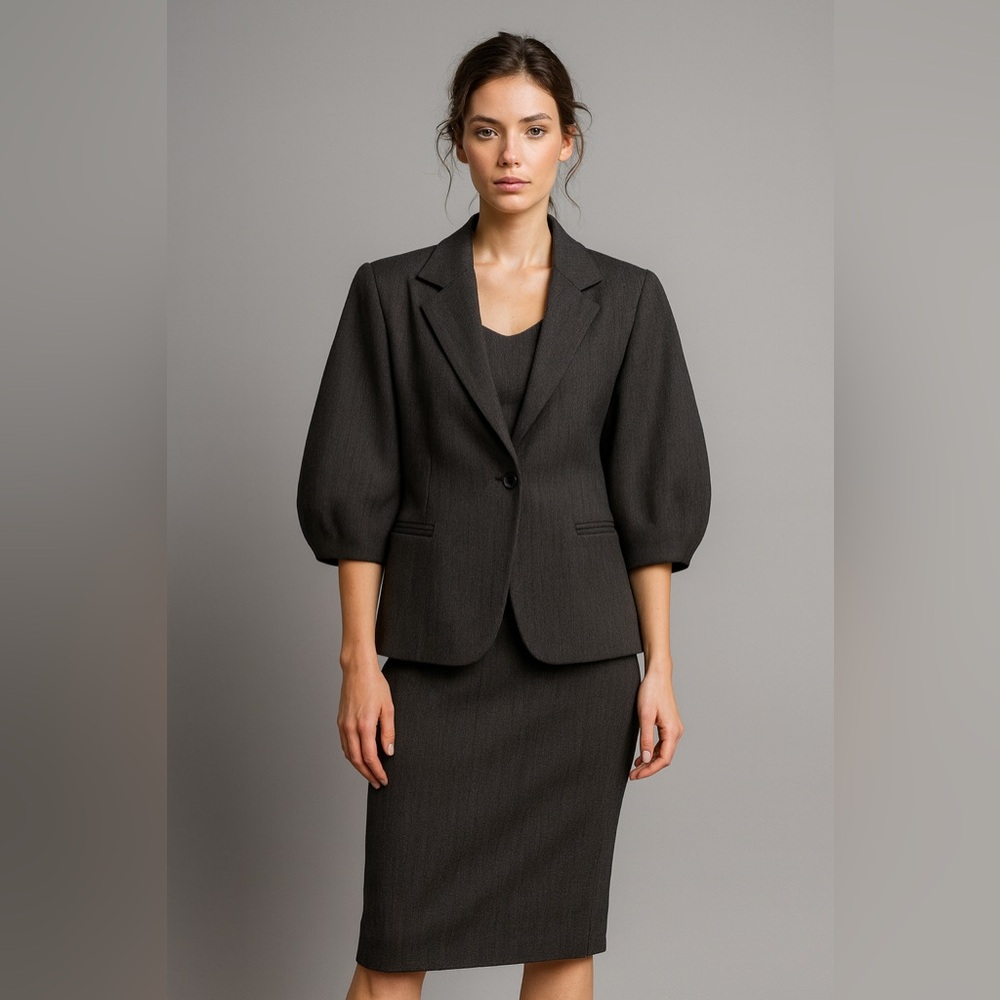 MaxMara Wool Silk Blend 2 Piece Blazer Dress Suit Set Sz 12 Charcoal Gray